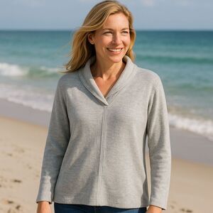 J. Jill PureJill Womens Small Heather Grey Cross Collar Pullover Coastal Sweater